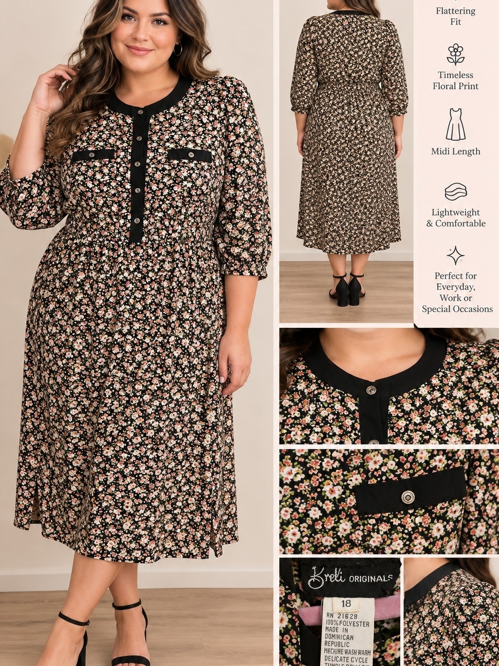 Black Floral Midi Dress - Plus Size